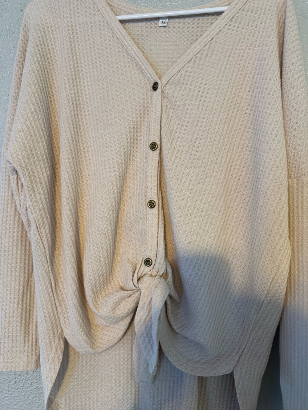 Light Beige Waffle Knit Button-Front Tie Top - Picture 3 of 4